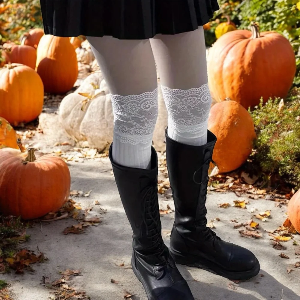 White Lace Top Thigh High Sock-Stockings Sweet JK Style Slim Fit Over The‎ Knee